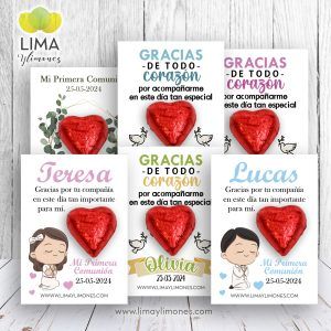 Pack 50 corazones de chocolate personalizados Comunión
