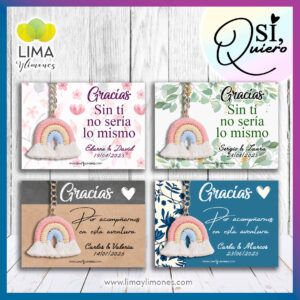 Pack 50 llaveros arcoiris con tarjeta de agradecimiento